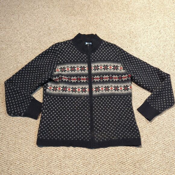Vintage Frost Sweater Cardigan Womens Large Black Fair Isle Wool Full Zip Nordic - Picture 1 of 7